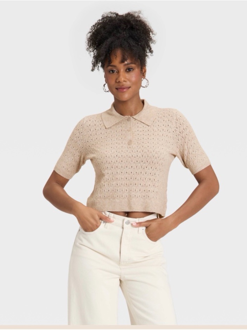 UNIVERSAL THREAD Short Sleeve Open-Knit Polo Sweater - Tan, sz med